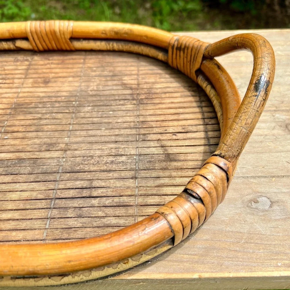 Old Antique Bamboo and Rattan Tray with Handles